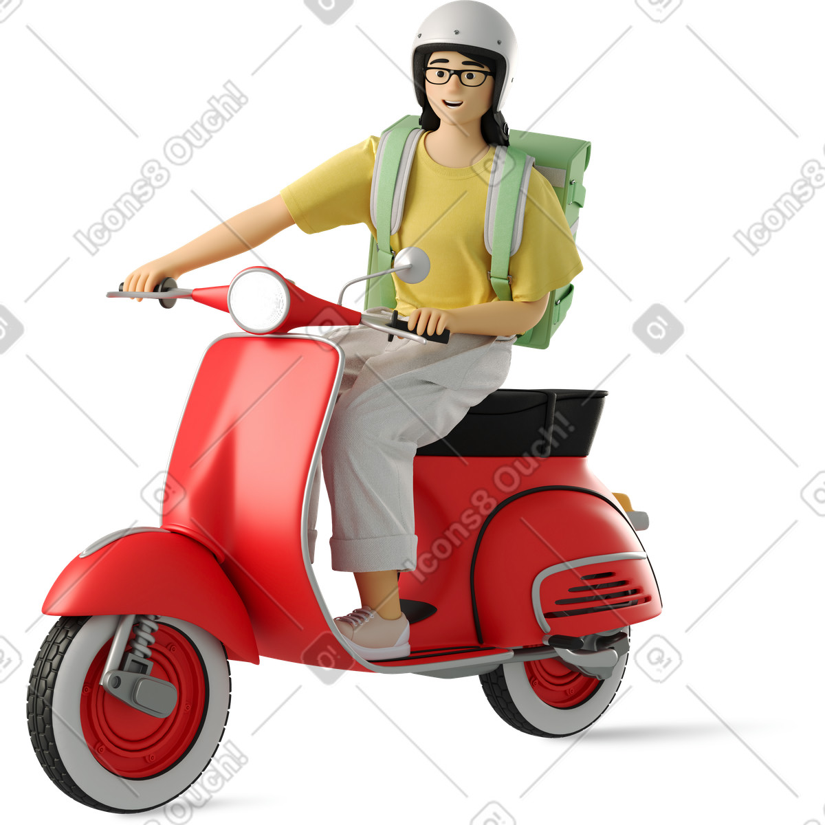 Иллюстрация Young woman on a moped with backpack в стиле 3D Business — скачать в форматах PNG, SVG