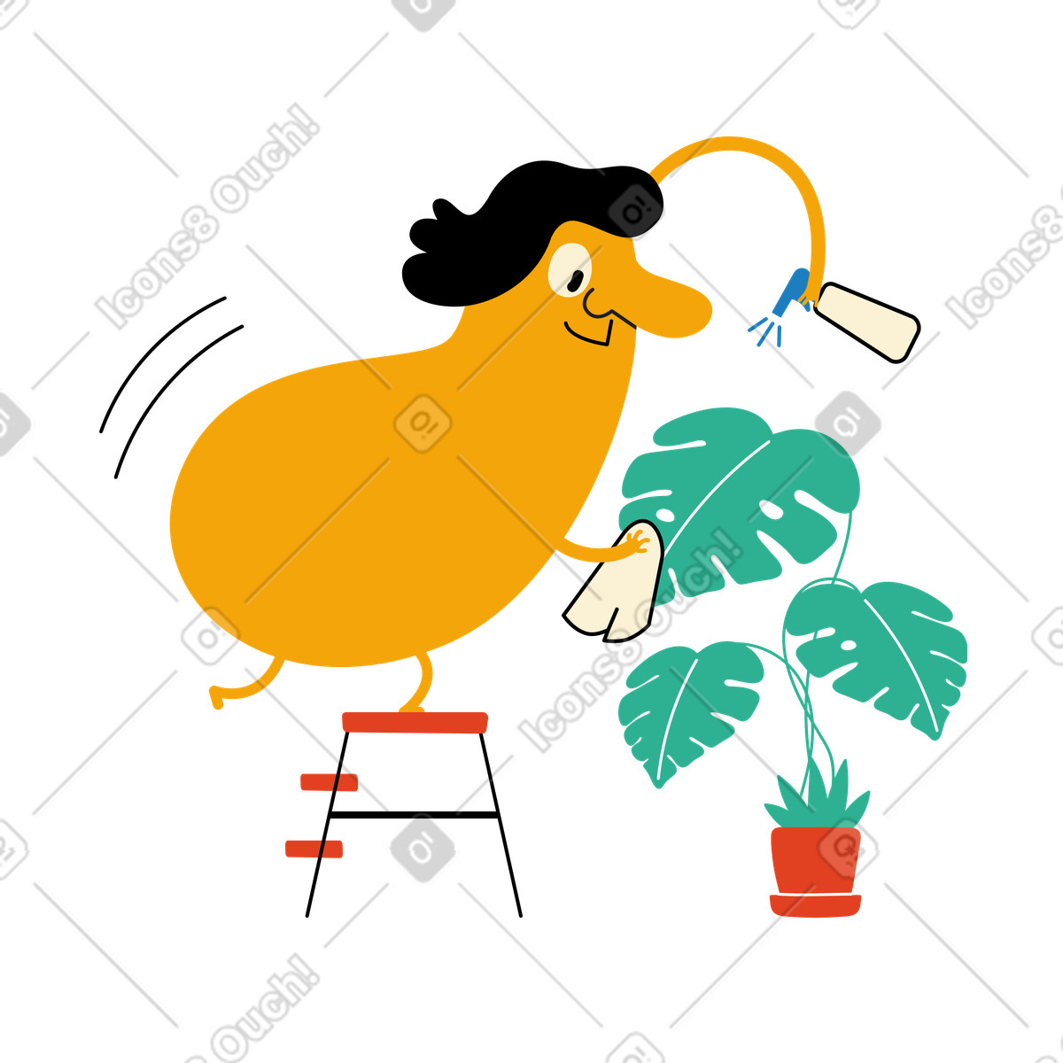 Illustration Personnage pulvérisant des feuilles de plantes en pot dans le style Jelly à télécharger aux formats PNG, SVG