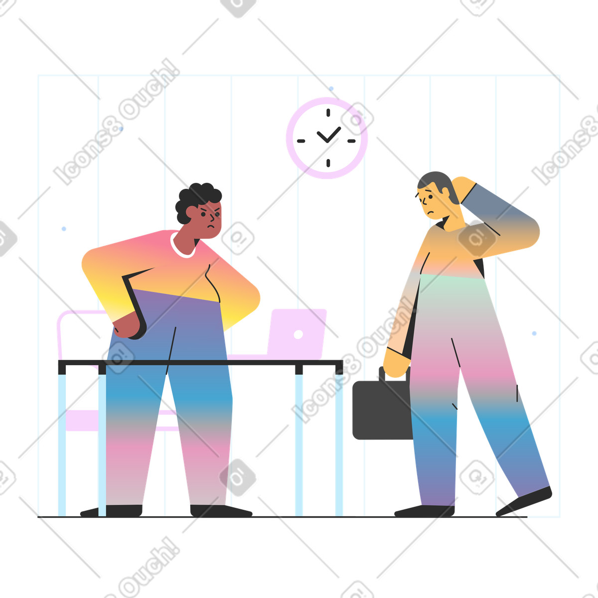 Illustration Late arrival problem in office, Employee lateness issue or workplace punctuality dans le style Marginalia à télécharger aux formats PNG, SVG