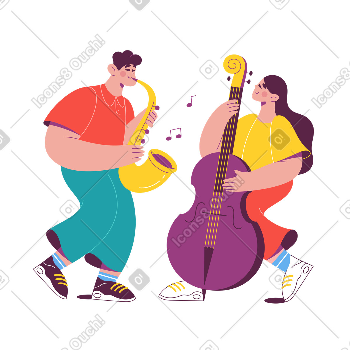 Musicians with saxophone and upright bass, Live music performance illustrazione in stile Sammy scarica in PNG, SVG