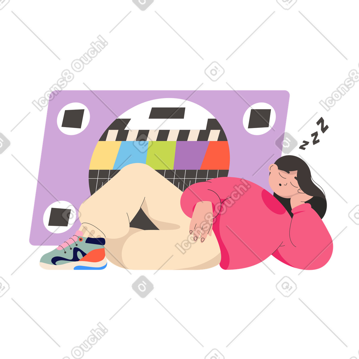 Girl lying asleep next to tv screen with no signal illustration in Dizzy style download in PNG, SVG