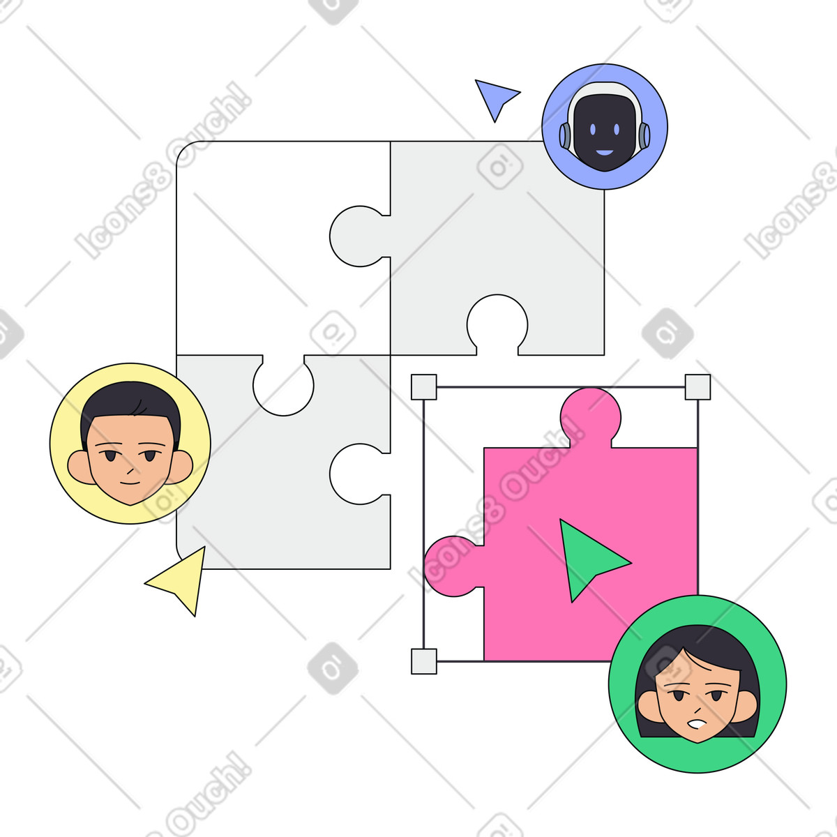 People and AI assistant avatars with puzzle pieces, Human-AI collaboration and teamwork illustration in Teko style download in PNG, SVG
