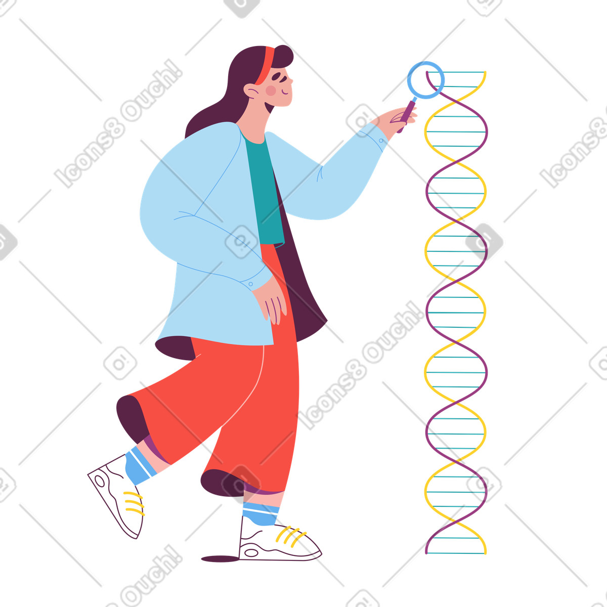 Ilustração de Researcher examining large DNA strand, Biotechnology innovation and research em no estilo Sammy para baixar em PNG, SVG