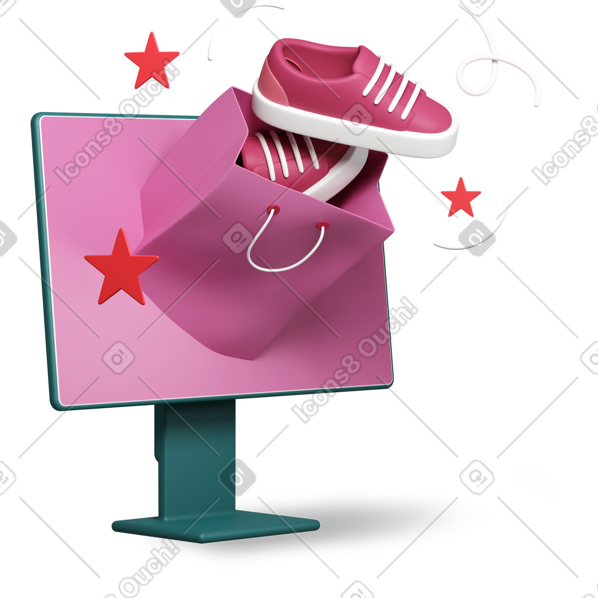 Shopping online con schermo di computer, scarpe da ginnastica e borsa della spesa illustrazione in stile 3D Plastic people scarica in PNG, SVG