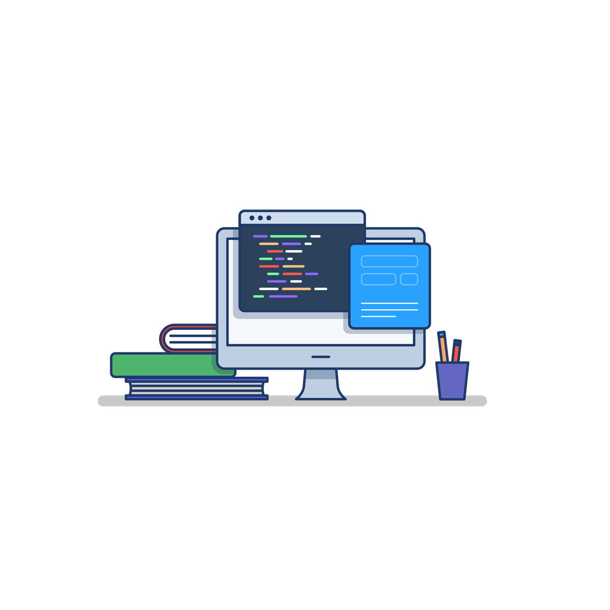 Иллюстрация Desktop monitor with code editor and books, programming coding education в стиле Gummy — скачать в форматах PNG, SVG