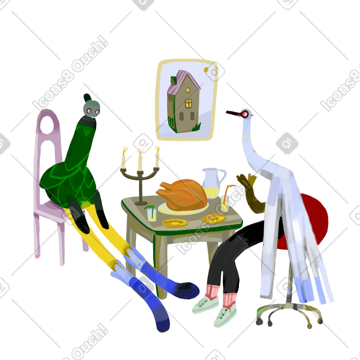 Characters enjoying roast turkey illustration dinner clipart for culinary projects