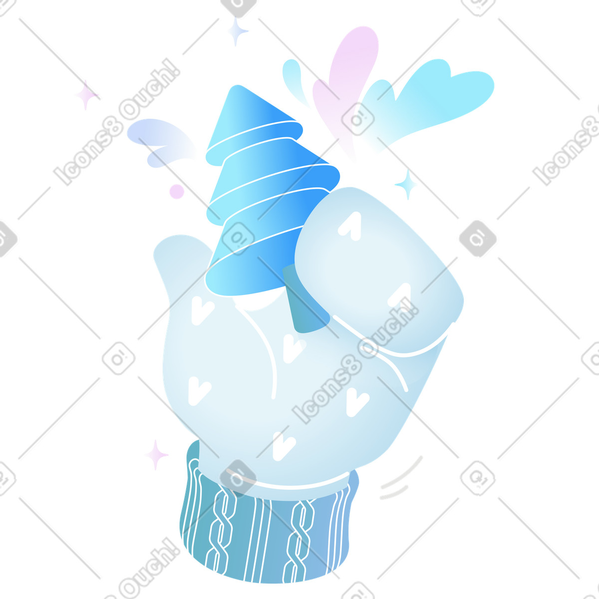 Hand in festive mitten holding tiny Christmas tree, Winter holiday mood illustrazione stile Airy scarica PNG, SVG