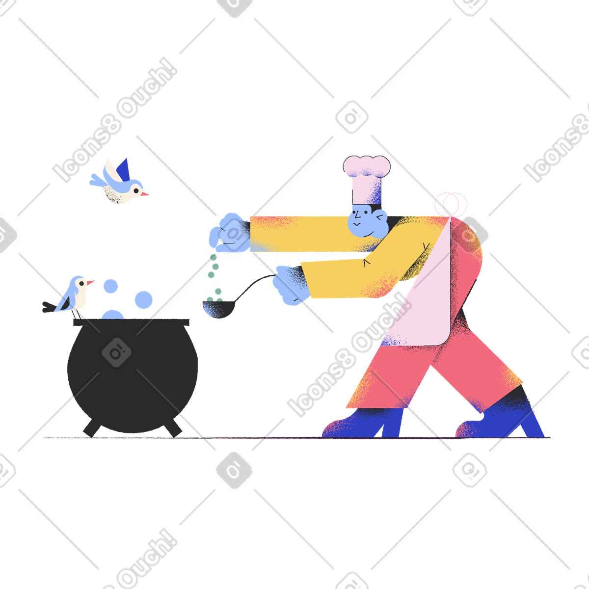 Chef che cucina la zuppa e condisce illustrazione in stile Pablo scarica in PNG, SVG