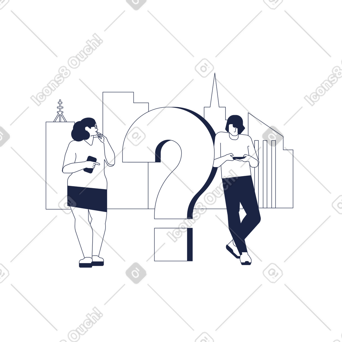 Ilustración Woman and man in the city are standing next to big question mark looking at smartphones en estilo Urban Line a descargar en PNG y SVG