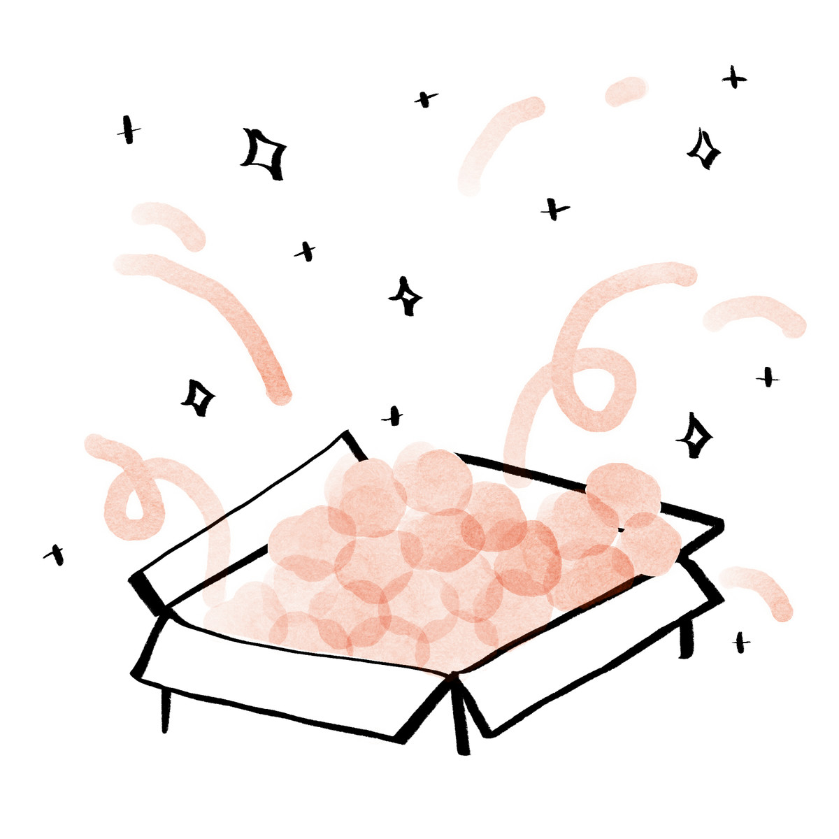 Hand-drawn animation スタイルの ギフトボックスを開けると紙吹雪が飛び散り、お祝いとサプライズイベントが盛り上がります のアニメーションイラストをGIF、Lottie (JSON)、AEでダウンロード