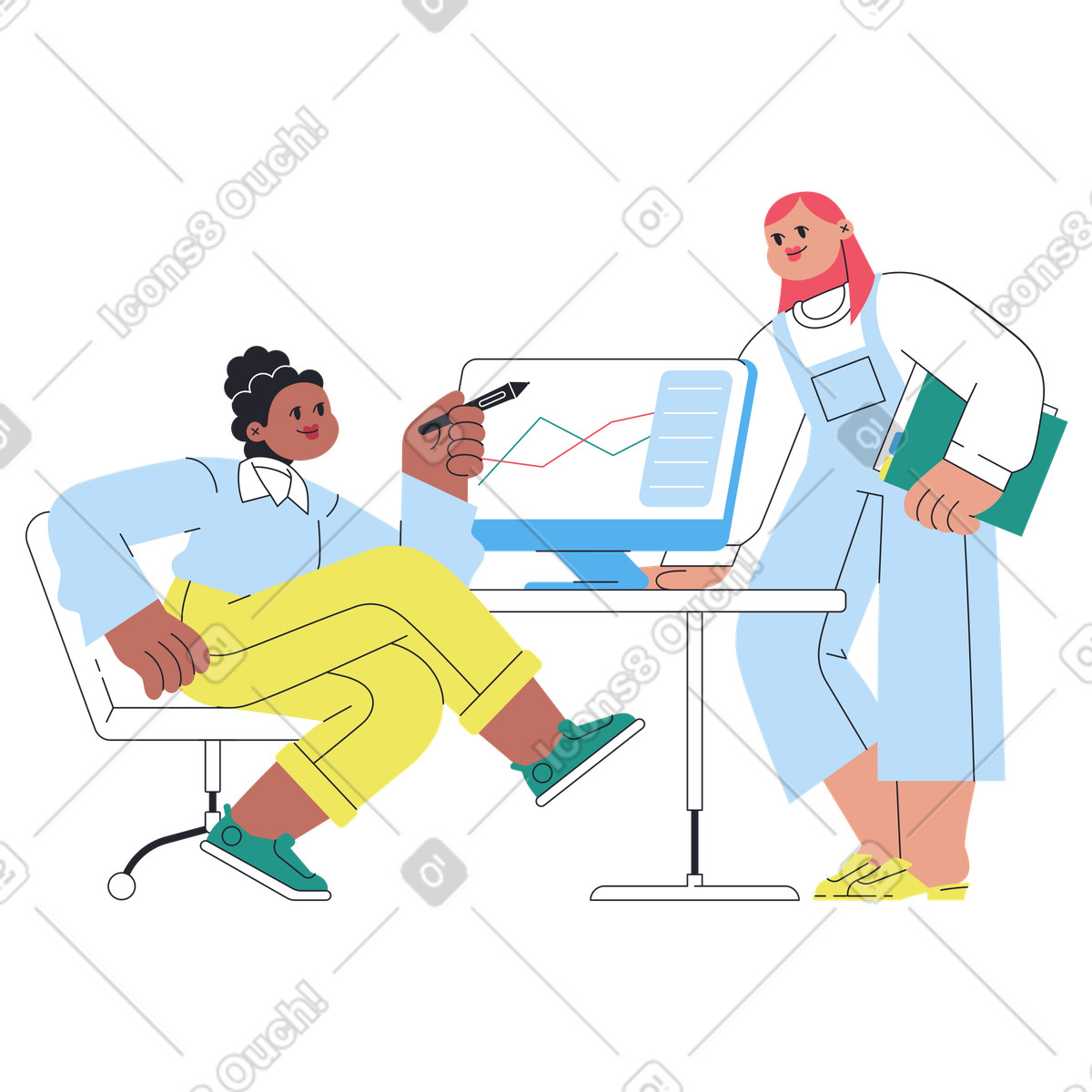 Employees discussing performance metrics, Workplace collaboration and strategy-Illustration im Boba-Stil als Download in PNG, SVG