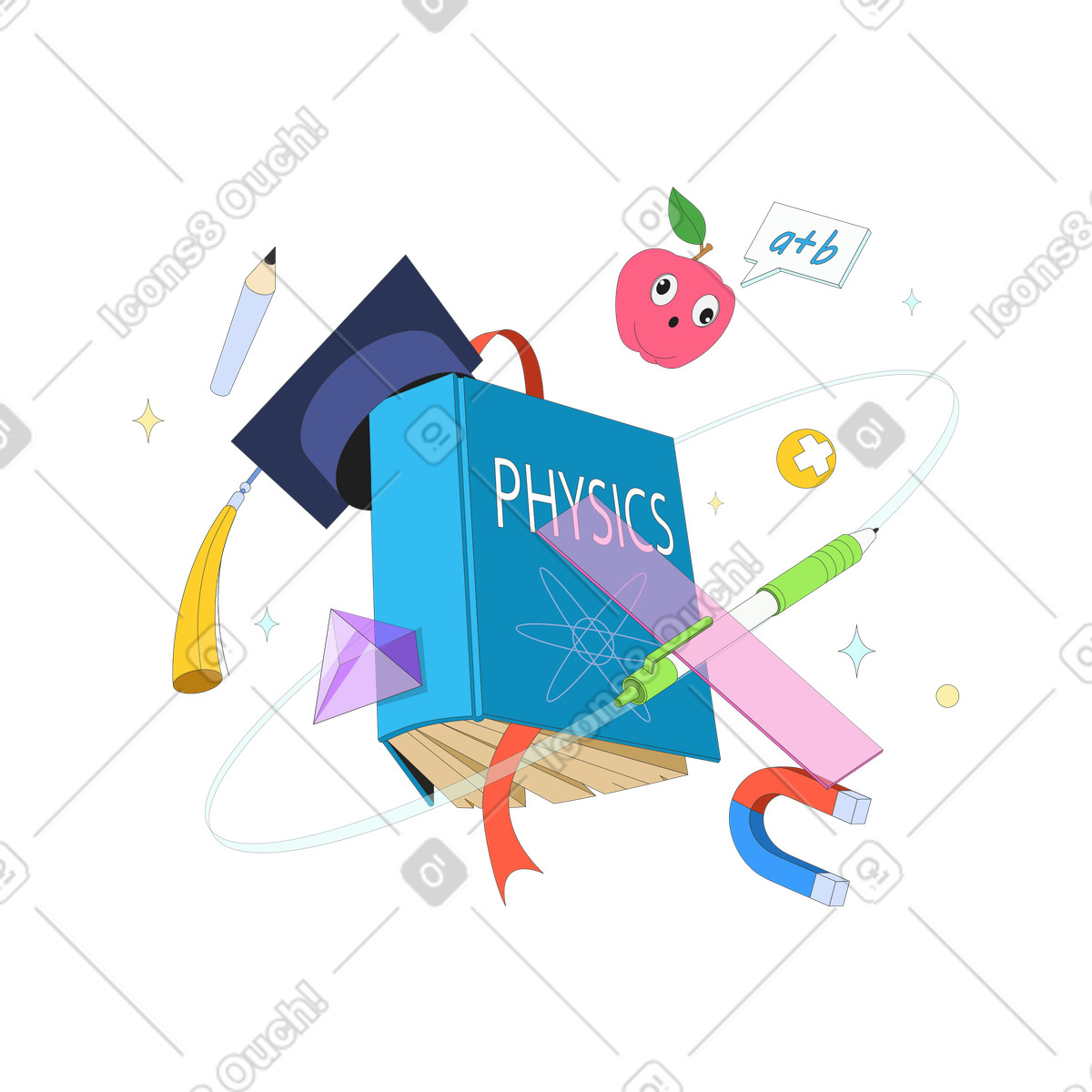 Physics book with floating stationery, Science education and school learning illustration in Kit style download in PNG, SVG