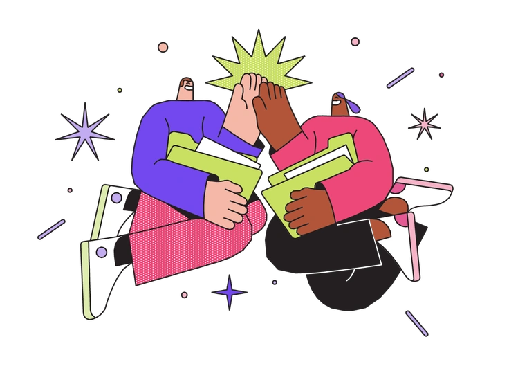 Two people high-fiving while holding books - Dazzle style illustration