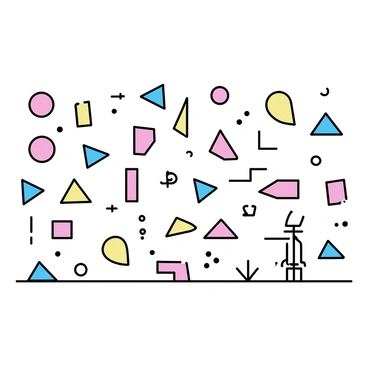 A wall, entirely covered in geometric shapes, displays a variety of triangles, circles, and rectangles. The shapes are filled with vibrant colors such as bright red, yellow, blue, and green. Each shape varies in size, creating an engaging composition. The background of the wall is a solid, neutral color that contrasts with the colorful shapes, enhancing their visibility.