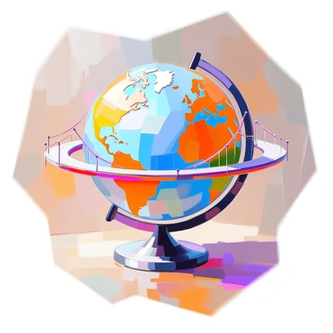 A detailed globe depicting the Earth, with vibrant colors representing the continents and oceans. The globe is intricately designed, showcasing landmasses like North America, South America, Europe, Africa, Asia, Australia, and Antarctica. Brightly colored bridges extend between the continents, symbolizing connectivity and interaction. The bridges have varying designs and appearances, some modern and sleek while others are more traditional. The globe is set on a sturdy stand, emphasizing its three-dimensional form, and a warm light source casts gentle shadows, highlighting the textures of the globe and the bridges.