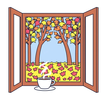 A window with a wooden frame, slightly ajar, reveals a view of tall trees shedding colorful leaves in shades of orange, yellow, and red. The ground below is blanketed in a vibrant carpet of fallen leaves. On the window sill sits a white ceramic cup filled with steaming tea, with wisps of vapor curling up from the surface. The background showcases a clear blue sky peeking through the branches of the trees.