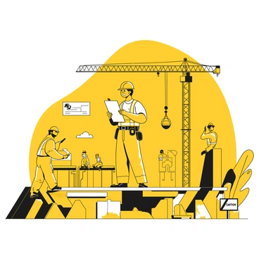 An engineer wearing a yellow hard hat is inspecting a construction site. The engineer is holding a clipboard and looking at a blueprint while standing on a platform. Surrounding the engineer are various construction materials such as steel beams and wooden planks. In the background, there are scaffolding structures and machinery, including a crane lifting materials. Several workers in hard hats are visible, engaging in different activities on the site. A caution sign with "Safety First" is prominently displayed nearby.
