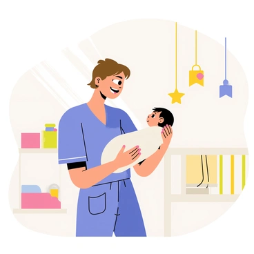 A midwife with brown hair, wearing blue scrubs and a warm smile, is gently assessing a newborn's health in a brightly lit nursery. The midwife is holding the newborn, who is wrapped in a soft white blanket. Colorful nursery decor, including pastel wall art and cheerful mobiles hanging from the ceiling, surrounds them. A cozy crib with a light yellow blanket is visible in the background. The atmosphere reflects care and nurturing, with sunlight streaming in through a window, casting a soft glow over the scene.