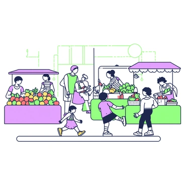 A street market filled with various stalls. To the left, there is a stall displaying an assortment of colorful fruits, including apples, bananas, and oranges neatly arranged. Adjacent to it, a vegetable stall showcases fresh greens like lettuce and carrots, with baskets overflowing with produce. On the right side, a crafts stall presents handmade items such as woven baskets, pottery, and jewelry. Shoppers of different ages are scattered throughout the scene, some examining the produce while others engage in conversation. A few children are seen running playfully between the stalls, adding to the lively atmosphere of the market.