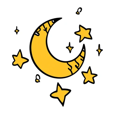 A crescent moon with a smooth curve, featuring intricate patterns along its surface. Surrounding the crescent moon are twinkling stars of various sizes, each having a distinct shape and detail. The stars are placed at different angles, enhancing the enchanting celestial scene. The background is clear, allowing the moon and stars to stand out prominently in the image.