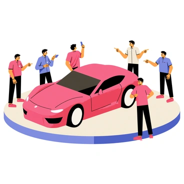 A shiny luxury sports car with a sleek, aerodynamic design is prominently displayed on a rotating platform. The car features a vibrant red paint job, glistening under bright lights. Surrounding the platform are several onlookers, each with expressions of admiration. Some onlookers are pointing at the car, while others are taking pictures with their smartphones. The scene captures the excitement and allure of the car's presentation.