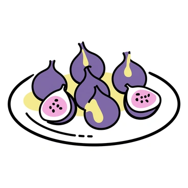 A white plate holds a collection of fresh figs, their deep purple skin glistening. Each fig is cut in half to reveal the vibrant pinkish-red flesh inside, dotted with small seeds. Golden honey is drizzled generously over the figs, creating a glossy sheen. The plate is set against a neutral background, emphasizing the colors and textures of the figs and the honey.