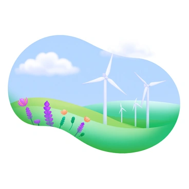 A landscape featuring a vast field filled with white wind turbines turning gracefully in the wind. The turbines are set against a clear blue sky, with fluffy white clouds drifting by. In the foreground, green grass and wildflowers sway gently in the breeze. The scene conveys a sense of clean energy with the unmistakable presence of the wind turbines standing tall and aligned in rows across the horizon.