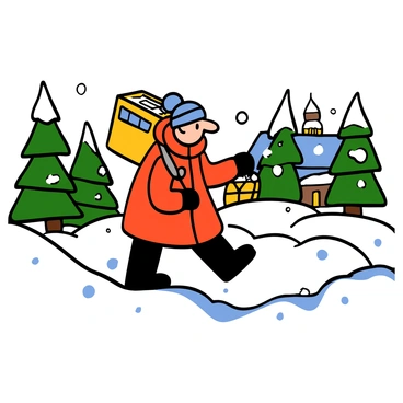 A determined courier with light skin and short black hair is trudging through deep snow, wearing a bright red winter coat, a blue beanie, and sturdy black boots. The snow is falling gently around him, and he is carrying a large mailbag slung across one shoulder. In the background, snow-covered pine trees stand tall, and a warm glow of lanterns can be seen in the distance, hinting at a cozy village. The ground is blanketed in thick, white snow, creating a winter wonderland atmosphere.