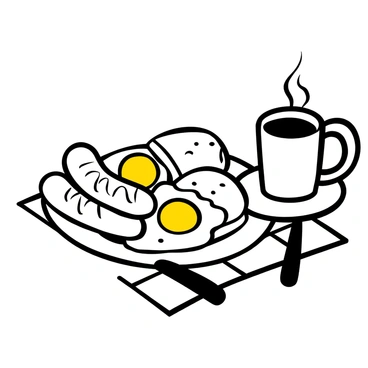 A breakfast plate filled with two grilled bratwursts, golden fried eggs, and two slices of toasted bread. A steaming cup of coffee is placed next to the plate, with a small saucer underneath. The setting includes a checkered tablecloth underneath the plate and cup, enhancing the breakfast scene.