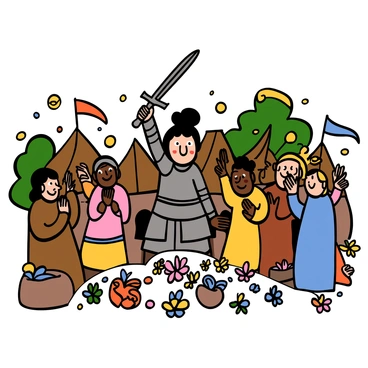A group of villagers with diverse skin tones and hairstyles are joyously welcoming a young woman, "Jeanne d'Arc," back from a victorious campaign. The villagers are dressed in simple medieval clothing, with some wearing tunics and dresses adorned with earthy colors. They are gathered in a rustic village square filled with thatched-roof cottages and green trees in the background. The villagers are smiling, some are clapping their hands, and others are waving small flags. Jeanne d'Arc, with big eyes and short dark hair, is in the center, wearing a suit of armor that gleams in the sunlight. She is smiling broadly, holding a sword in one hand and raising her other hand in a gesture of triumph. Flowers and ribbons are scattered around, adding to the festive atmosphere.