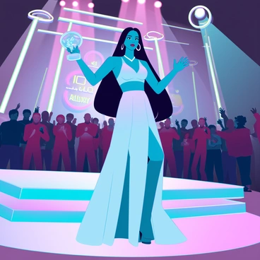 Aaliyah, a young woman with medium brown skin and long, straight black hair, is standing on a brightly lit stage. She is wearing an elegant silver gown that shimmers under the stage lights. In her left hand, she gracefully holds a large, gleaming trophy, while her right hand is raised in a wave towards the audience. The background features a vibrant display of colorful lights, and a captivated audience can be seen with their applause and cheers in response to her acceptance. The atmosphere is filled with excitement and admiration for her achievement.