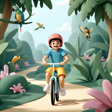 A colorful cartoon character, wearing a bright red helmet and a blue shirt with yellow shorts, is riding a bicycle on a winding path through a lush tropical jungle. The character has big expressive eyes and a wide smile as they pedal energetically. Surrounding them are various exotic animals, including a green parrot perched on a nearby branch, a vibrant blue and yellow macaw flying overhead, and a curious monkey swinging from a tree. The dense foliage is filled with large leafy plants and tropical flowers in shades of pink and orange, creating a lively and vibrant atmosphere. Sunlight filters through the canopy above, casting dappled shadows on the ground.