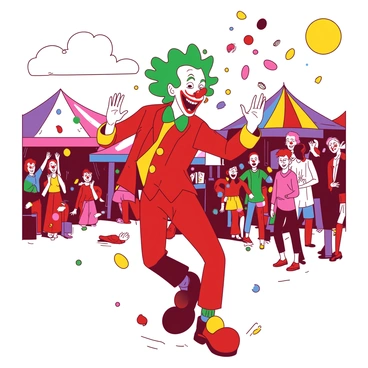 A red clown-style joker is dancing energetically at a street festival. The joker is wearing a colorful outfit with large buttons and oversized shoes. His face is painted white with a big red smile, and he has bright green hair. Confetti is raining down around him in various shapes and colors, creating a festive atmosphere. In the background, there are colorful festival tents and excited festival-goers watching and enjoying the performance. The sun is shining brightly, adding a cheerful ambiance to the scene.
