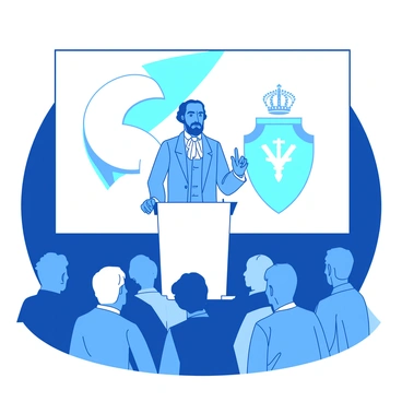 A blue historical figure stands confidently at a white podium, addressing a captivated audience. The figure is dressed in period-appropriate attire, complete with a tailored coat and a cravat, projecting a sense of authority. Behind the podium, a large white backdrop is adorned with a prominent emblem or symbol relevant to the figure's legacy. The audience is visible in the foreground, engaged and listening intently, with expressions of admiration and inspiration on their faces. The lighting highlights the figure, creating a focal point on the speech being delivered.