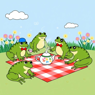 A group of five frogs, each with vibrant green skin and distinct patterns, are gathered around a colorful checkered picnic blanket spread out on the grass. The frogs are seated comfortably, with one frog wearing a tiny blue hat, another with a red bowtie, and a third holding a small pink teacup. A porcelain teapot is placed in the center, decorated with floral patterns and steam rising from the spout. In the background, there are blooming flowers in various shades, and a clear blue sky filled with fluffy white clouds. A few butterflies flutter around, adding to the cheerful atmosphere of the scene. The sun casts gentle rays, creating playful shadows on the ground around the frogs.