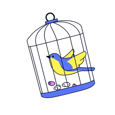 A small bird with vibrant blue and yellow feathers is perched on the edge of an open cage. The cage has thin, delicate bars that are slightly pushed apart, indicating it has been broken free. The bird is in mid-flight, wings spread wide, capturing a moment of motion. Below the cage, there are scattered seeds that hint at the bird's former captivity. The background is a simple, solid color to emphasize the bird and the cage.