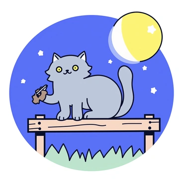 A cat with a fluffy gray coat is sitting on a wooden fence. The cat has bright green eyes and is holding a small fiddle with its paw. The moon is large and glowing softly in the night sky, casting gentle light on the scene. The fence has a rustic, weathered look and is surrounded by a few blades of grass. The background features a deep blue sky dotted with small stars.