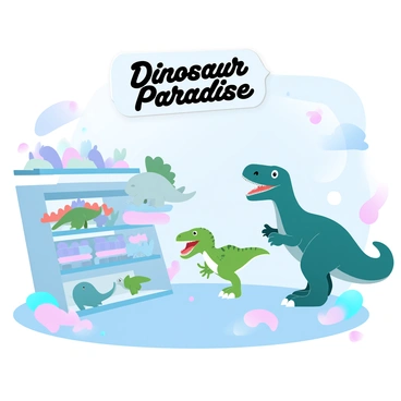 A group of dinosaurs is exploring a store filled with colorful toy models of various dinosaurs. A large Tyrannosaurus rex stands next to a shelf displaying miniature replicas of itself and other species. A friendly Triceratops is examining a bright green Apatosaurus model, while a small Velociraptor peeks out from behind a stack of toy pterodactyls. The store interior is filled with vibrant pastel colors, and there are playful dinosaur-themed decorations adorning the walls. Several toys are scattered on the floor, with a large sign above that reads “Dinosaur Paradise.”