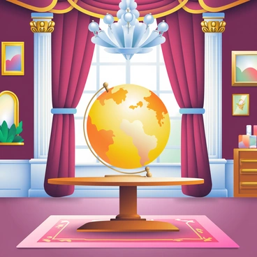 A golden-hued globus is positioned prominently on an ornate wooden table in an opulent room. The globus features detailed engravings of continents and is reflecting light from a large crystal chandelier above. Around the globus, the walls are adorned with rich, deep-colored wallpaper, and there are elegant decorations, including gilded picture frames and plush velvet curtains draping from tall windows. A plush, richly patterned rug lies beneath the table, adding warmth to the luxurious setting.