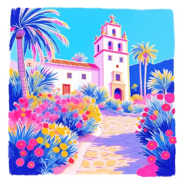 A historic Spanish mission building features a tall whitewashed structure with arched doorways and a red-tiled roof. The mission has a large bell tower adorned with a wooden cross at the peak. Surrounding the mission, there are lush gardens filled with vibrant flowering plants, including bright red bougainvillea and yellow marigolds. There are also several palm trees swaying gently in the breeze. A cobblestone path leads up to the entrance of the mission, inviting visitors to explore. In the background, a clear blue sky enhances the beauty of the scene.