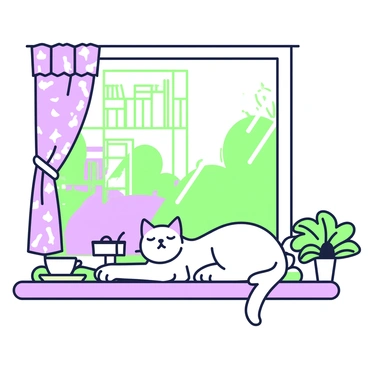 A friendly cat lounging on a windowsill inside a quaint cafe