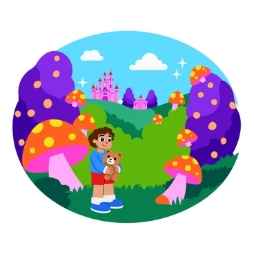 A child with curly brown hair wearing a bright blue shirt and red shorts is holding a fluffy teddy bear tightly. They are standing at the edge of a vibrant, enchanted forest filled with oversized mushrooms in shades of purple and orange. The trees have shimmering leaves in a variety of colors, and little sparkles fill the air around them. In the distance, a castle made of candy towers majestically against a clear blue sky. The child's eyes are wide with wonder as they gaze into the magical land ahead, ready for adventure.