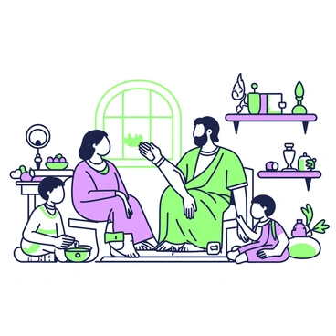 Aristotle is sitting comfortably on a woven mat in a cozy ancient Greek household. He is surrounded by his family, with a woman and two children seated beside him. Aristotle is wearing a simple tunic and a cloak, engaging in conversation with a warm smile. The woman, dressed in a flowing garment, holds a spindle and is listening attentively. The children, a boy and a girl, are playing with small clay figures on the floor. In the background, there are shelves filled with scrolls and pottery, and a small window allows soft light to illuminate the room. A wooden table holds an oil lamp and some fruits, providing a homely atmosphere.