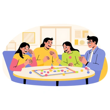 A family of four sitting around a round table, smiling and engaged in a board game. The table is covered with a vibrant game mat, featuring various colorful pieces scattered across it. The father, with short brown hair, is leaning forward in excitement, while the mother, with long black hair, is holding a red game piece in her hand. A young girl, with pigtails, is laughing as she rolls the dice, and a teenage boy, with glasses, looks at the board with concentration. The background includes a cozy living room with a warm atmosphere.