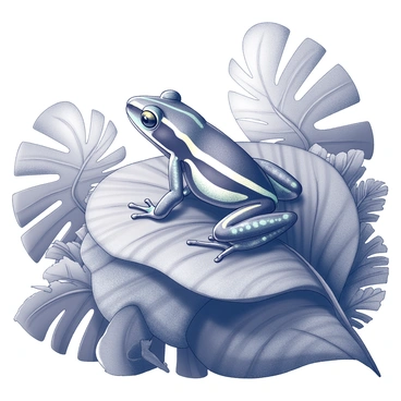 A poison dart frog is perched on a large, broad rainforest leaf. The frog has distinctive patterns on its skin, showcasing vibrant markings that are characteristic of its species. The leaf is lush and textured, with visible veins and droplets of moisture. Surrounding the frog, the rainforest environment is rich with foliage, including other leaves, ferns, and undergrowth, creating a dense and lively atmosphere. The light filtering through the canopy adds depth to the scene, highlighting the frog's features and the intricate details of the leaf.