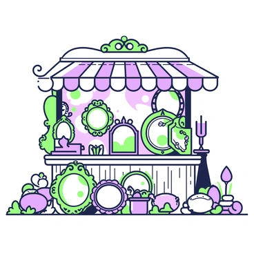 A vintage market stall is filled with a variety of old, ornate mirrors for sale. The stall is constructed of weathered wood, showcasing the mirrors arranged in an appealing display. Each mirror features intricate frames with detailed carvings and embellishments. Some mirrors are round, while others are rectangular or oval, reflecting the surroundings. The surfaces of the mirrors show a hint of age with slight tarnishing and unique patinas. Scattered around the stall are bits of vintage decor, including small trinkets and colorful fabric drapes, enhancing the nostalgic atmosphere of the market.