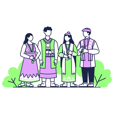 A group of four people is gathered in a vibrant outdoor setting, each wearing traditional attire unique to their culture. On the left, a woman is dressed in a flowing dress with intricate patterns, adorned with accessories that reflect her heritage. Next to her, a man is wearing a beautifully embroidered tunic and a matching headpiece, with a sash around his waist. In the center, another woman is showcasing a colorful outfit with layered fabrics and detailed beadwork, holding a decorative item in her hands. Finally, on the right, a man is in a traditional outfit that includes a patterned shawl draped over one shoulder, completing his look with a unique hat. The background features natural elements such as trees and shrubs, enhancing the cultural richness of the scene.