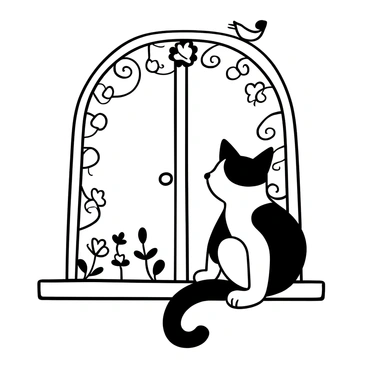 A playful cat with black and white fur is sitting on a windowsill, looking out of a wire-framed window. The window frame has whimsical patterns, with flowers and swirls intricately designed around it. There are leaves and small birds etched into the frame, adding to the overall detail. The cat's tail is flicking with curiosity as it gazes outside.