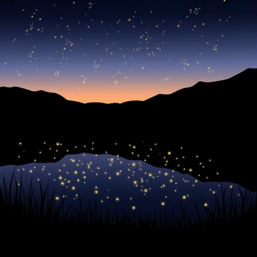 Fireflies creating patterns of light over blackwater at dusk