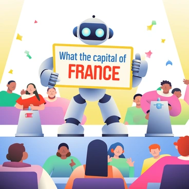 A friendly robot with a shiny silver exterior and expressive LED eyes stands at the center of a brightly lit stage. The robot has articulated arms, one of which is raised holding a large, colorful quiz board displaying the question in bold letters: "What is the capital of France?" There are several contestants in the foreground, a diverse group of individuals, each displaying eager expressions. They are seated at sleek, modern podiums with buzzers in front of them. The background features vibrant decorations, and a cheering audience is visible in the dimly lit rows behind the contestants.